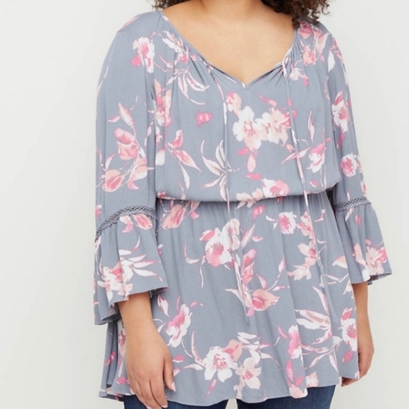 Lane Bryant Long Sleeve Gray Floral Bohemian Top - Picture 1 of 6